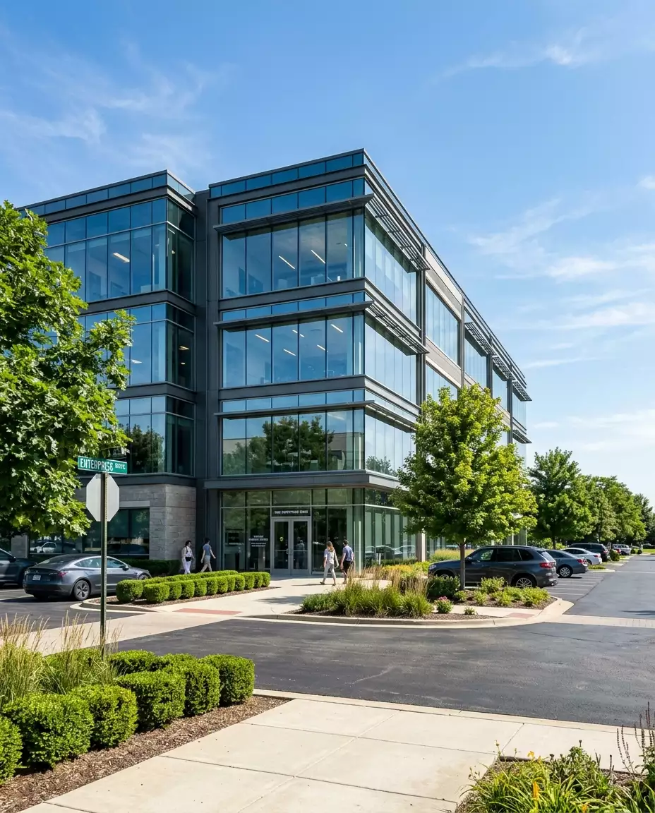 Modern commercial office building exterior in the Northwest Suburbs