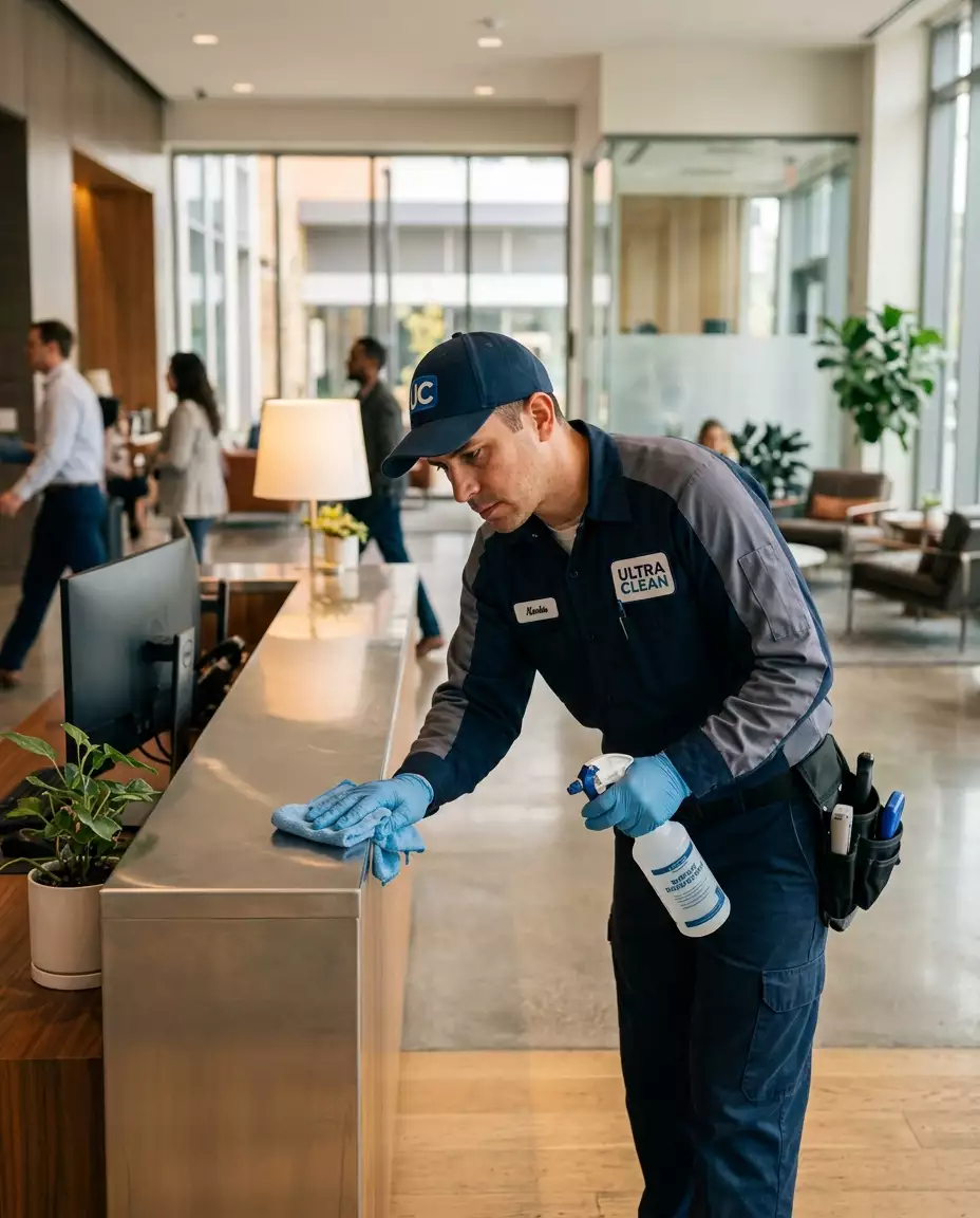 Professional janitorial specialist at work in a modern office