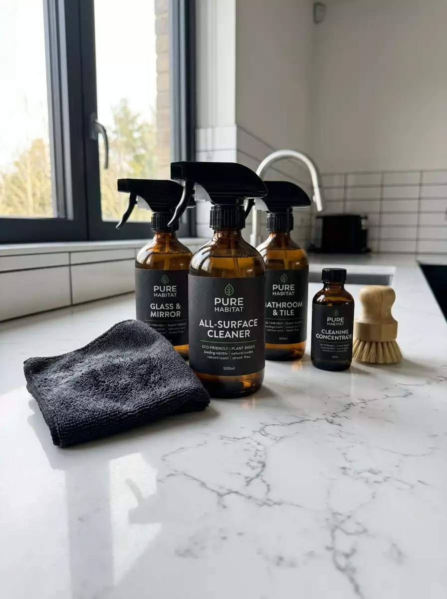 Close-up of professional eco-friendly cleaning supplies on-site